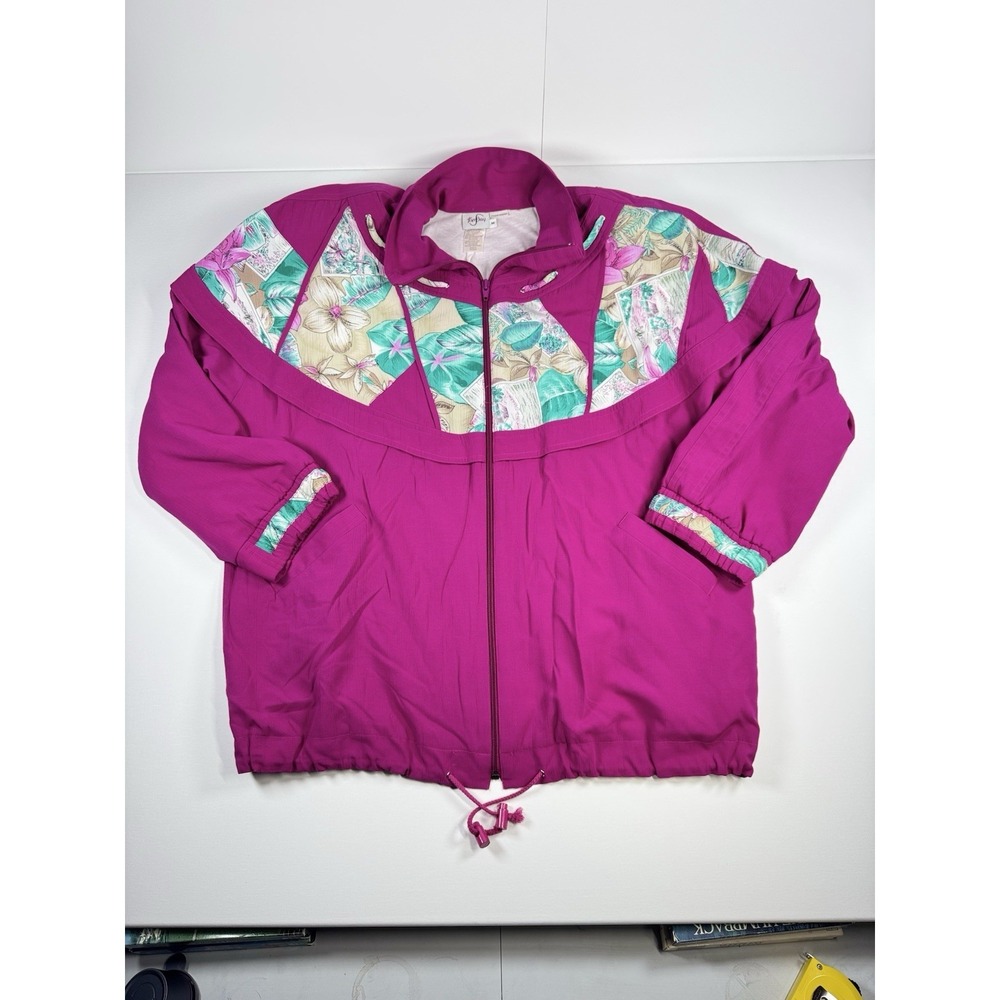 Vintage 90s Foxy Lady Pink Tropical Floral Windbreaker Jacket Women's M‎